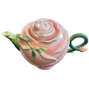 Pier 1 Imports Pink Rose green vines shaped, hand painted porcelain tea pot.